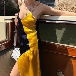 Satin color block satin dress.